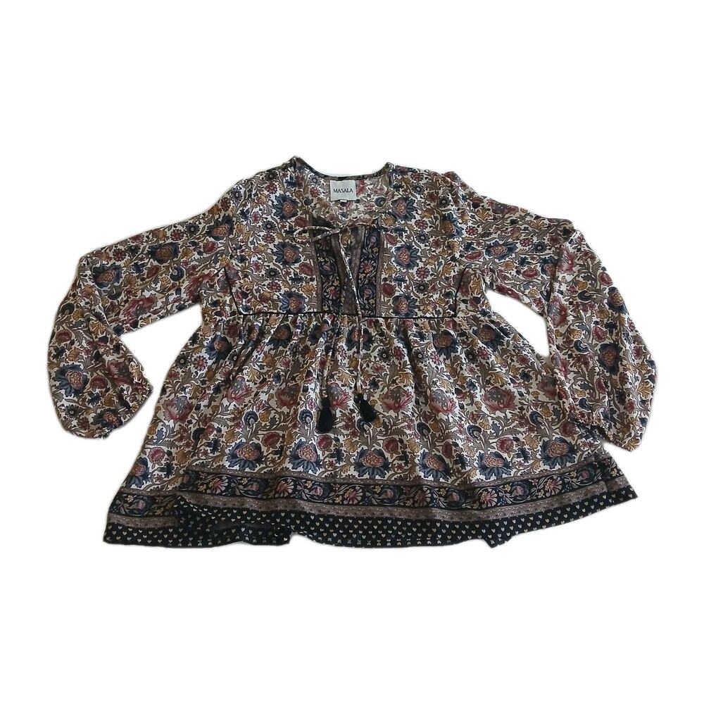 Masala Women's XL Boho Chic Babydoll Blouse Brown Paisley Floral Tassel Tie Top